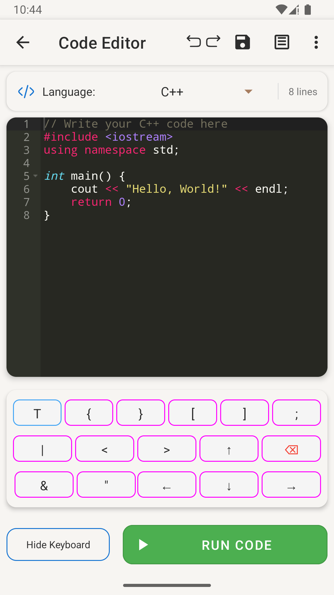 The ProgPath Android app running a C++ coding exercise