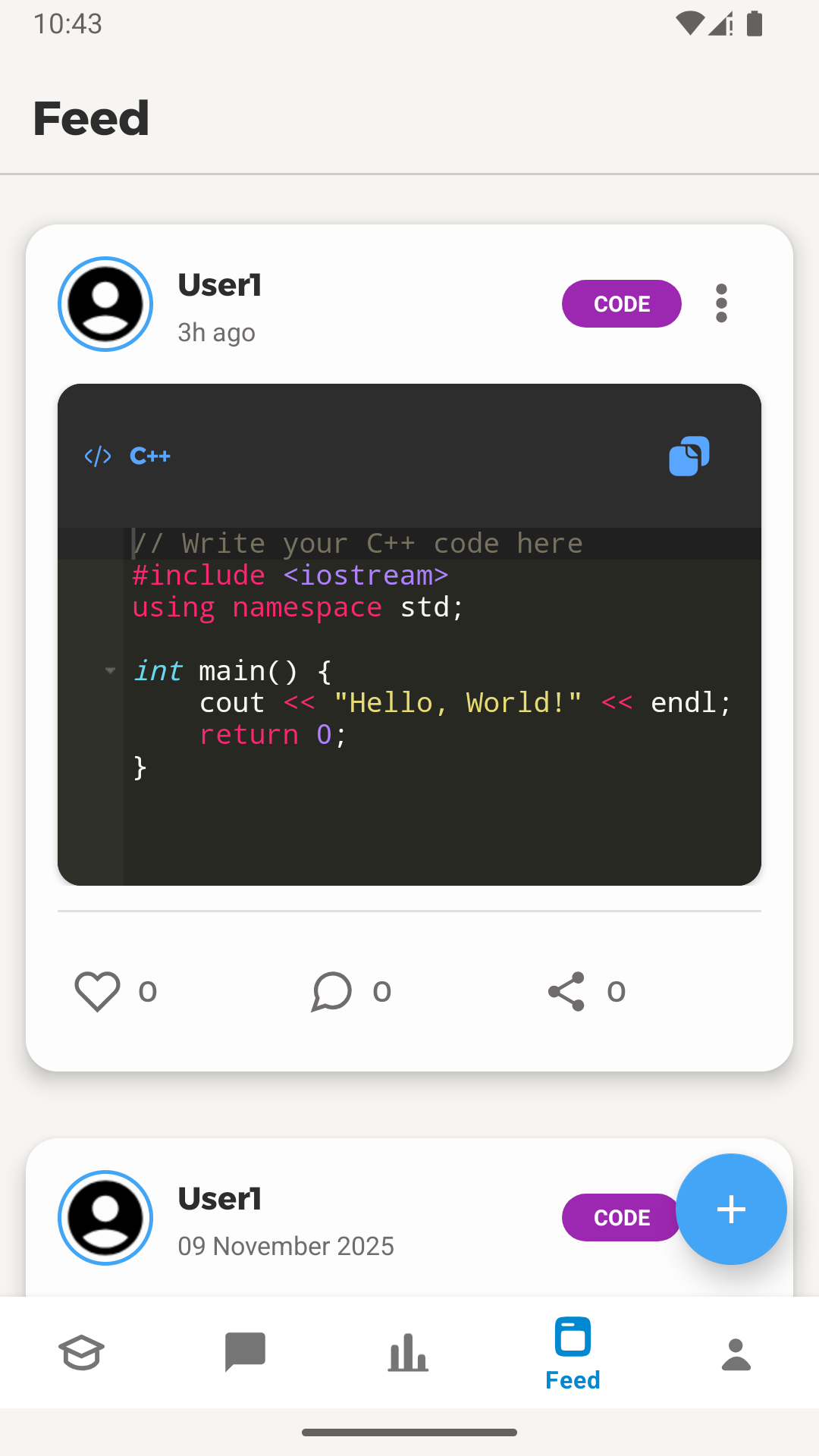 ProgPath Android social feed with a shared code post and comment controls