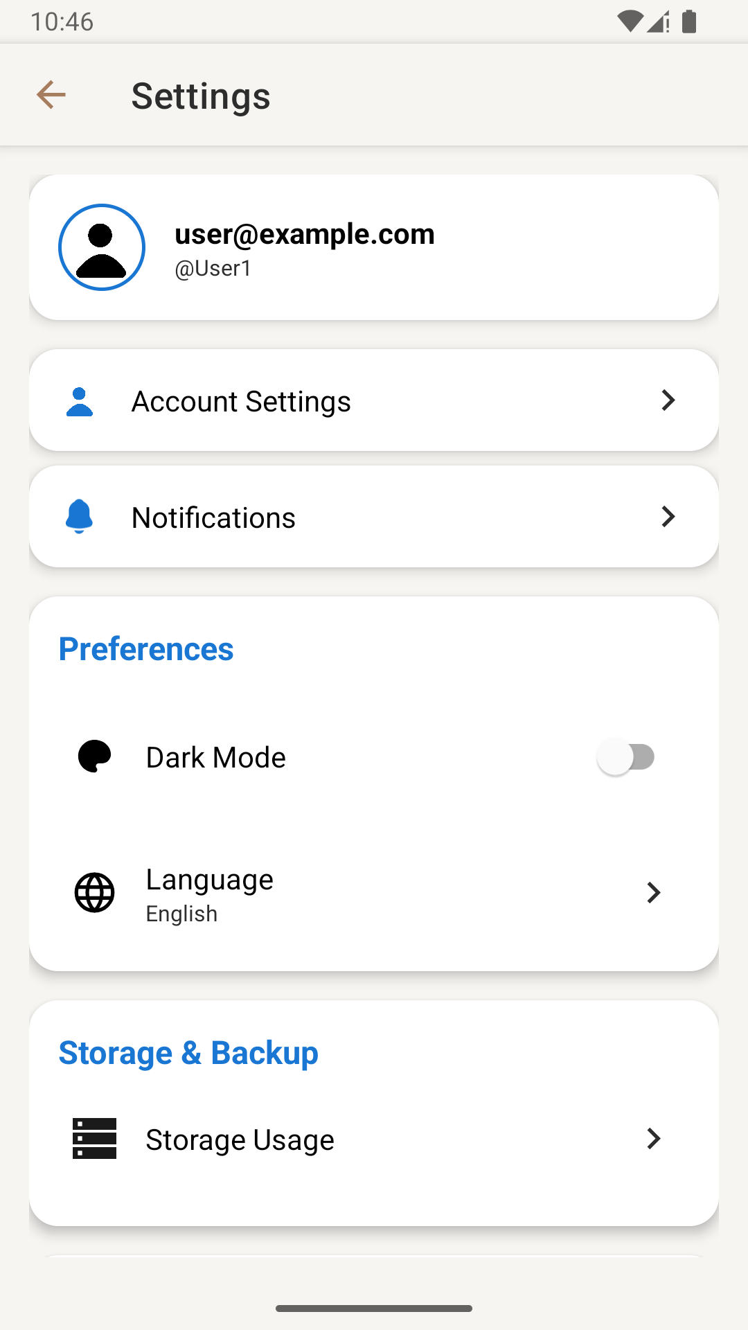 ProgPath Android settings screen with account and preference options